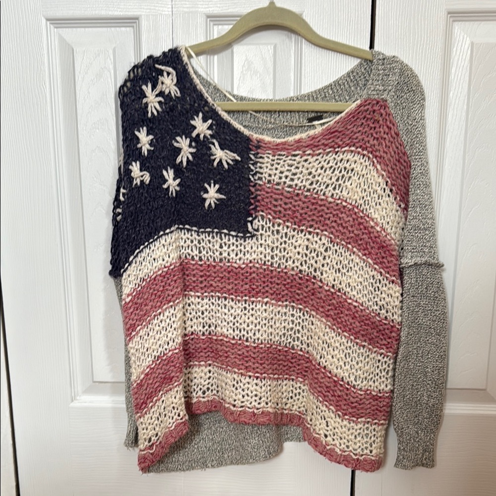 Free People Red and Blue Crew Neck Sweater